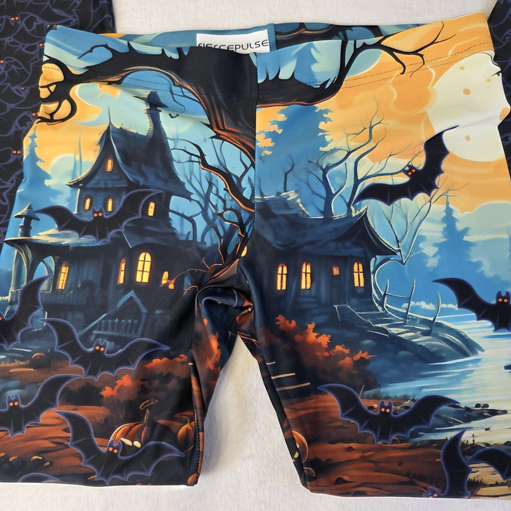 FiercePulse Womens Large Halloween Night Haunted House‎ Bats Leggings AOP Spooky